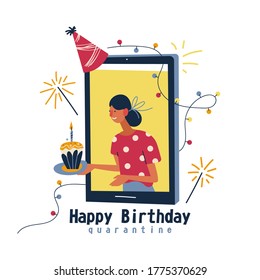 Happy birthday quarantine. Self isolation. Birthday cake. Color vector illustration on white background.