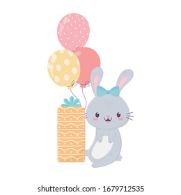 happy birthday rabbit gifts and balloons celebration decoration card vector illustration