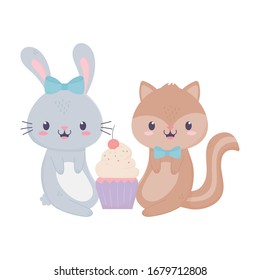 happy birthday rabbit squirrel cupcake balloons buntings celebration decoration card vector illustration