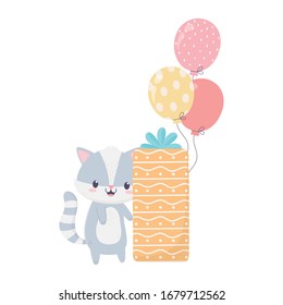 happy birthday raccoon with gift box and balloons celebration decoration card vector illustration