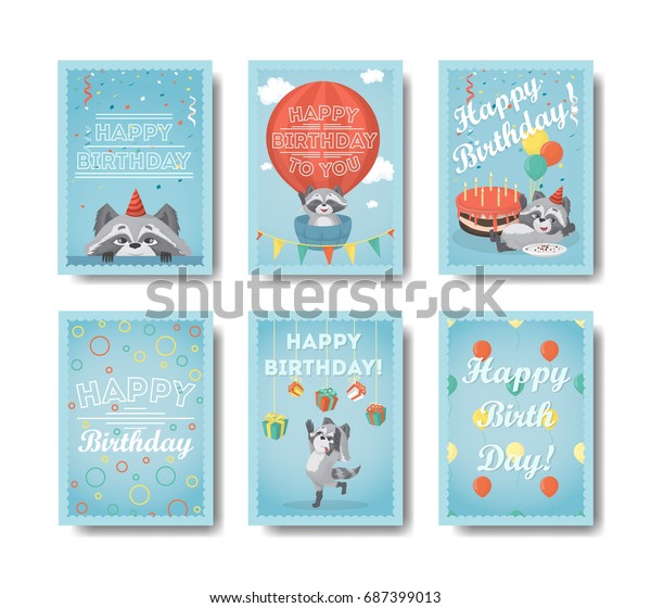 Happy Birthday Raccoon Set Funny Gift Stock Vector (Royalty Free ...