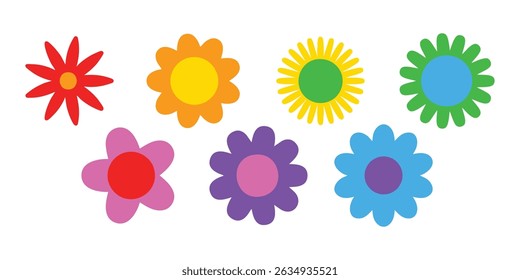 Happy birthday rainbow flowers featuring all colours of the rainbow, red, orange, yellow, green, blue, purple, pink. Vector illustration for stickers and printable banners for kids and adults. EPS 10.