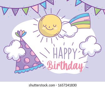 happy birthday rainbow hat and bunting decoration celebration party vector illustration