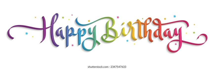 HAPPY BIRTHDAY rainbow-colored 3D vector brush calligraphy banner with stars on white background