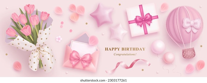 Happy birthday realistic set with bouquet of tulips, gift box, envelope, hot air balloon, ribbon and petals isolated on background. Vector illustration