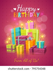 Happy birthday red background with congratulations text fireworks many gift boxes and teddy bear vector illustration  