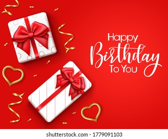 Happy birthday in red background vector greeting. Happy birthday text in empty space for greeting card with elegant party elements like gift, golden confetti and heart. Vector illustration  