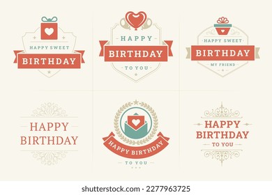 Happy birthday red ribbon vintage emblem and badge set for greeting card design vector flat