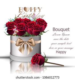 Happy Birthday red roses bouquet Vector. Vintage floral gift box with bow decor