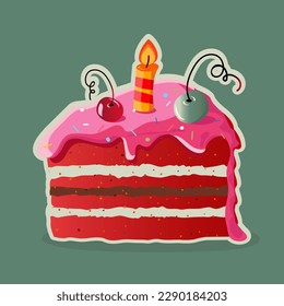 Happy birthday red slice of cake with candle and cherry. Flat vector illustration