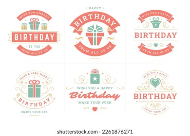 Happy birthday red vintage label and badge set for greeting card design vector flat illustration. Festive anniversary birth holiday celebration retro ribbon gift box present heart romantic decor