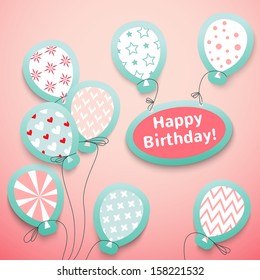 Happy birthday retro postcard with pattern balloons. Vector illustration for your feminine holiday presentation. Postcard picture in pink and blue colors.
