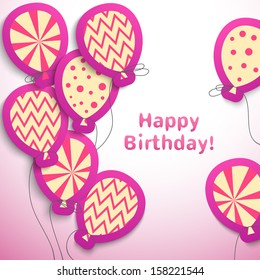 Happy birthday retro postcard with pattern balloons. Vector illustration for your feminine holiday presentation. Postcard picture in pink , white and yellow colors.