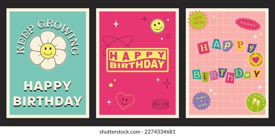 Happy Birthday retro trendy greeting card set. Y2K poster, card, banner.