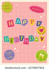 Happy Birthday retro trendy greeting card. Y2K poster, card, banner.