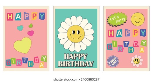 Happy Birthday retro trendy greeting card set. Y2K poster, card, banner.  Vintage typographic design for birthday celebration emblem in retro style 