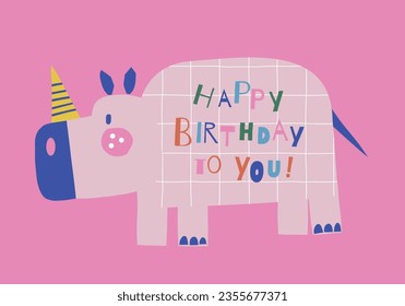  Happy Birthday rhino animal paper shape cutouts style vector illustration. Scandinavian childish wild party pre-made print design.