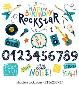Happy birthday rock star. Vector collection with illustrations of musical instruments and numbers for children. Hand drawn cartoon illustrations in a doodle style. for prints on baby clothes, posters.