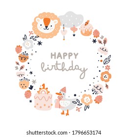 Happy birthday round frame for kids. Baby shower frame with childish elements: rainbow, cartoon animals, cakes, flowers. Ideal for kids  cards, poster, clothing, prints, anniversary, invitation