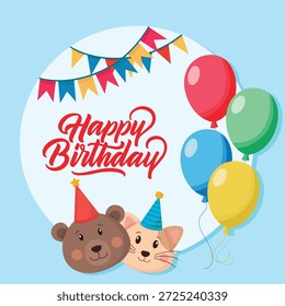 Alles Gute zum Geburtstag, runde Rahmenkarte mit bunten Ballons, Tiergesichter, lebendige Dekorationen und festliche Stimmung