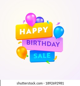 Happy Birthday Sale Advertising Banner with Typography and Colorful Balloons on White Background. Special Anniversary Offer, Media Promo Template Design for Shopping Discount. Vector Illustration