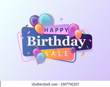 Happy Birthday Sale celebration design for greeting card, poster or banner with balloon, confetti and gradients.