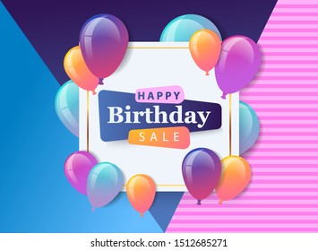 Happy Birthday Sale celebration design for greeting card, poster or banner with balloon, confetti and gradients.