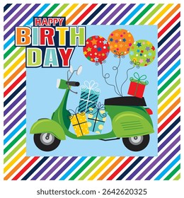 Happy Birthday Scooter with Balloons and Gifts