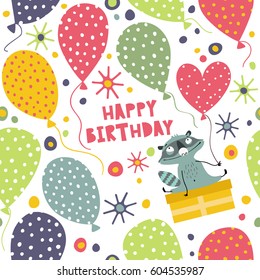 Happy Birthday. Seamless background with balloons, gifts and cute raccoon.
