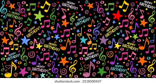 ¡Feliz cumpleaños! Fondo de pantalla de patrón negro inconsútil de notas musicales coloridas, caja de regalo, estrellas, corazones. Carteles Horizontales, tarjetas de felicitación, cabecera, Sitio web. Bueno para el diseño de la tela textil, papel de embalaje