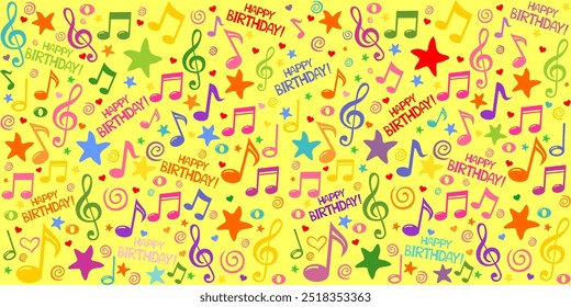 Happy birthday! Seamless blue pattern wallpaper of colorful musical notes, gift box, stars, hearts. Horizontal posters, greeting cards, header, website. Vector Illustration