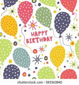 Happy birthday. Seamless bright background with balloons, stars and confetti.
