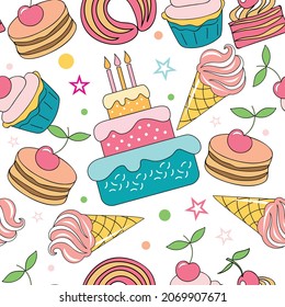 Happy Birthday. Seamless festive pattern with holiday paraphernalia, cake, brownie, ice cream and other sweets. Vector image. 