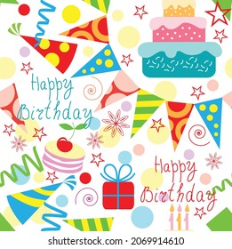 Happy Birthday! Seamless festive pattern with festive attributes. Vector image. Letering