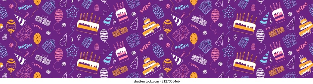 Happy birthday seamless horizontal border. Hand drawn doodles. Funny background. Vector illustration.