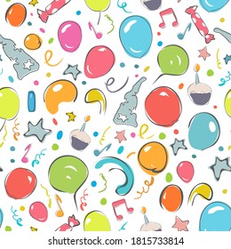 Happy birthday seamless patern with balloons, confetti, stars, firework, music notes. Hand drawn doodle background for print, greeting cards, wallpaper, textile design, gift wrapping paper