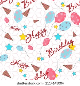Feliz cumpleaños sin problemas con globos y estrellas. Ilustración vectorial. Papel pintado de diseño, telas, embalaje postal.