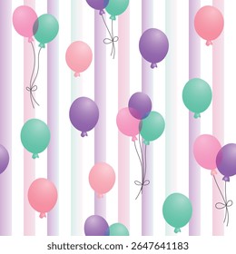 happy birthday seamless pattern with balloons in pastel colors on color strips background. Birthday wrapping paper print, pink, green, violate colors