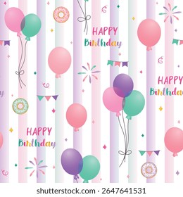 happy birthday seamless pattern with balloons in pastel colors on color strips background. Birthday wrapping paper print, happy birthday text, decoration, donut