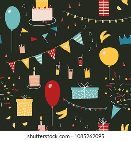 Happy birthday seamless pattern. Black background.