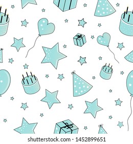 Happy birthday. Seamless pattern with blue balloons, stars, cakes, hearts, gifts and birthday cone.
