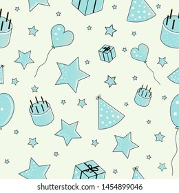 Happy birthday. Seamless pattern with blue balloons, stars, cakes, hearts, gifts and birthday cone. Light-green background