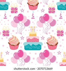 Happy Birthday ! Seamless pattern with bunk birthday cake, balloons Vector image. 