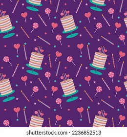 happy birthday seamless pattern with birthday cake, candy and candle
