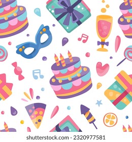 Happy Birthday Seamless Pattern with Cake, Gift Box and Carnival Mask Vector Template