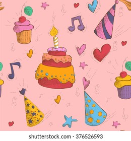 Happy Birthday Seamless Pattern with Cake, Cupcakes and Hats for Children Party. Vector illustration in hand-drawn style