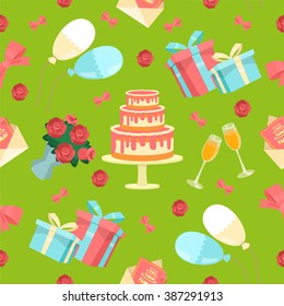 Happy Birthday Seamless Pattern with Cake, Flowers and Balloons. Vector background