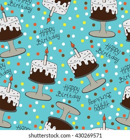 Happy Birthday seamless pattern with cake and candle. Isolated greeting card for Birthday. Seamless vector pattern for banner, card, invitation, textile, fabric, wrapping paper.