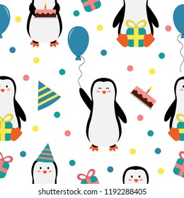 Happy birthday seamless pattern. Cartoon penguins with birthday cake, gift and balloon. Vector illustration.
