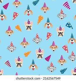 Happy birthday seamless pattern with cartoon dogs of the Dalmatian, Bulldog, Terrier, Corgi breed. Birthday gifts, balloons, sweets and party hats.